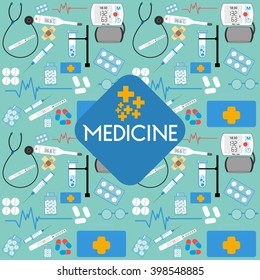 Patrón sin fisuras con iconos médicos, sobre fondo azul. Patrón sin fisuras con Elementos médicos. Cuidado de la salud sin fisuras y patrón de boceto de medicina. Ilustración vectorial. Antecedentes de medicina.