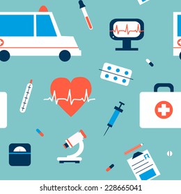 Seamless pattern with medical Icons set in flat style. Perfect for your design. Seamless pattern can be used for wallpapers, pattern fills, web page backgrounds, surface textures.