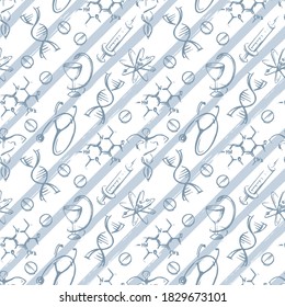 Seamless pattern with medical images and diagonal stripes. For medical. Vector graphics.