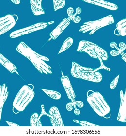 Seamless pattern with medical instruments on a blue background. Vector illustration with medical supplies. Design of hospital posters in the event of a pandemic. Viral pattern with mask, syringes. 
