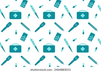 Seamless pattern with medical instruments on white background. Medical kit. Vector illustration. Design of fabric, cover, background