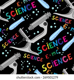 Seamless Pattern with medical instruments on black background. Endless Print Texture. Science. Hand Drawing. Retro. Vintage Style - vector