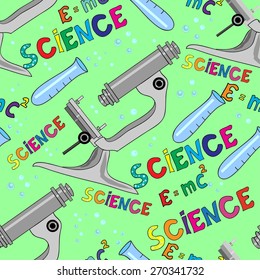 Seamless Pattern with medical instruments on light green background. Endless Print Texture. Science. Hand Drawing. Retro. Vintage Style - vector