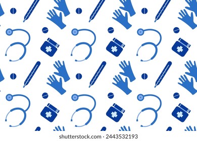 Seamless pattern with medical items in flat style for fabric design, website, cover and other. Vector graphics 