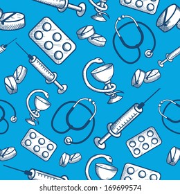 Seamless pattern of medical items of phonendoscope pills and syringe isolated vector illustration