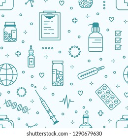 Seamless pattern with medical lab equipment. Backdrop with pills in jar and blister, healthcare tools drawn with contour lines on light background. Monochrome vector illustration in linear style.