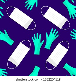 Seamless pattern of medical mask and gloves. Protective equipment against coronavirus, covid-19. Vector icons in flat design.
