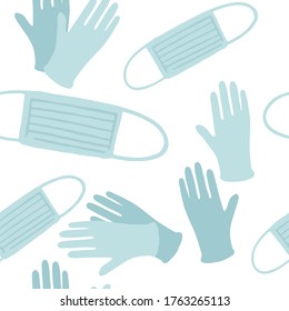 Patrón sin inconvenientes con máscara médica y guantes de goma ilustración vectorial plana sobre fondo blanco