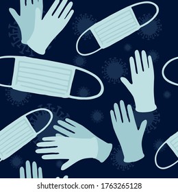 Patrón sin inconvenientes con máscara médica y guantes de goma ilustración vectorial plana en fondo azul