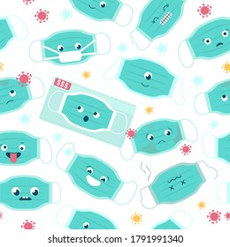 Seamless pattern with medical masks characters. Funny personal protective equipment collection. Sad, happy blue green vasks.  Сaricature creatures. Health care topical theme. Corona virus prevention