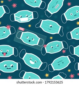 Seamless pattern with medical masks characters. Funny personal protective equipment collection. Sad, happy masks on dark.  Сaricature creatures. Health care topical theme. Corona virus prevention
