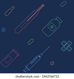 Seamless pattern with medical outline color icons. Hospital signs. Thermometer, vials, pills, syringe, glass ampoule, plaster. Linear style. Vector color illustration.