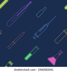 Seamless pattern with medical outline icons. Hospital signs. Thermometer, test tubes, pipette, syringe, glass ampoule. Linear style. Vector color illustration.