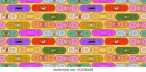 seamless pattern with medical patches, funky retro background