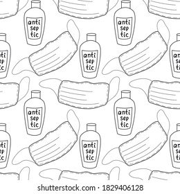 Seamless pattern with medical personal protective equipment against coronavirus. Face mask and antiseptic. Vector outline illustration in the Doodle style isolated on a white background