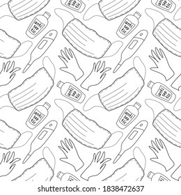 Nahtlose Muster mit medizinischer persönlicher Schutzausrüstung und Nachweis von Symptomen der Covid-19, Grippe. Gesichtsmaske, Antiseptikum, Handschuhe, Thermometer. Vektorgrafik-Hintergrundstrukturdoodle einzeln
