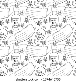 Seamless pattern with medical personal protective equipment against coronavirus. Face mask and antiseptic. Vector outline background and texture in flat doodle style isolated