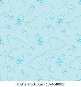 Seamless pattern with Medical personal protective equipment against coronavirus. Face mask, antiseptic, gloves. Vector outline background and texture in flat doodle style isolated