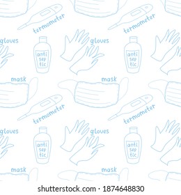 Seamless pattern with medical personal protective equipment and detection of symptoms of covid-19, flu. Face mask, antiseptic, gloves, thermometer. Vector outline background texture doodle isolated