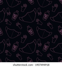 Nahtlose Muster mit medizinischer persönlicher Schutzausrüstung gegen Coronavirus. Gesichtsmaske, Antiseptikum, Handschuhe. Vektorgrafik-Hintergrund und Textur im flachen Doodtil einzeln