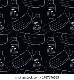 Seamless pattern with medical personal protective equipment against coronavirus. Face mask and antiseptic. Vector outline background and texture in flat doodle style isolated