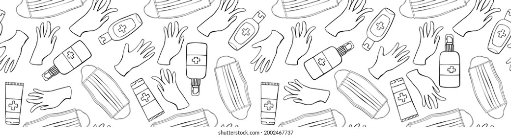 Seamless pattern with Medical personal protective equipment against coronavirus. Face mask, antiseptic, gloves. Vector outline background and texture in flat doodle style isolated