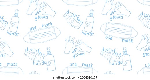 Seamless pattern with Medical personal protective equipment against coronavirus. Face mask, antiseptic, gloves with letterings. Vector outline background and texture in flat doodle style isolated