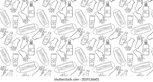 Seamless pattern with Medical personal protective equipment against coronavirus. Face mask, antiseptic, gloves. Vector outline background and texture in flat doodle style isolated