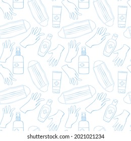 Seamless pattern with Medical personal protective equipment against coronavirus. Face mask, antiseptic, gloves. Vector outline background and texture in flat doodle style isolated