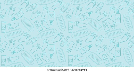 Nahtlose Muster mit medizinischer persönlicher Schutzausrüstung gegen Coronavirus. Gesichtsmaske, Antiseptikum, Handschuhe. Vektorgrafik-Hintergrund und Textur im flachen Doodtil einzeln