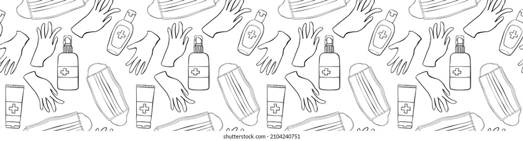 Seamless pattern with Medical personal protective equipment against coronavirus. Face mask, antiseptic, gloves. Vector outline background and texture in flat doodle style isolated