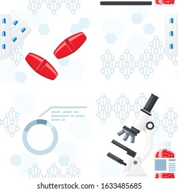 Seamless pattern of medical pharmaceutical items pills microscope and medicine formula flat vector illustration on white background