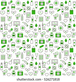 Seamless Pattern With Medical and Pharmacy Icons in Thin Line Style. Collection of Line Web Icons of Drugstore and Chemist's. Vector template for your design.