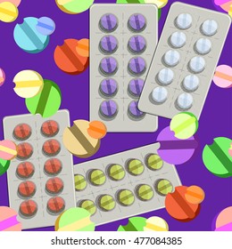 Seamless pattern with medical pills in packing on a purple background vector illustration