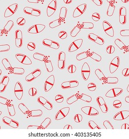 Seamless pattern of medical pills tablets red color