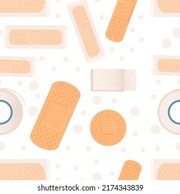Seamless pattern of medical plaster adhesive bandage for aid of wound vector illustration on white background