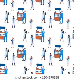 Seamless pattern with medical staff and vaccine to prevent the outbreak of coronavirus infection on a white background. COVID-19 pandemic. antiviral drug, vaccine. Seamless medical pattern.