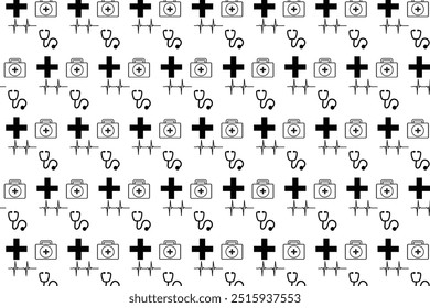 A seamless pattern of medical symbols, including crosses, stethoscopes, first aid kits, and EKG lines, representing healthcare, emergency services, and medical care.