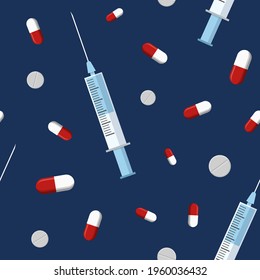 Nahtlose Muster medizinischer Spritzen und Pillen, Tabletten, Kapseln einzeln auf blauem Hintergrund. Farbillustration.