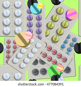 Seamless pattern with medical tablets in a package on a green background vector illustration