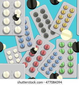 Seamless pattern with medical tablets in packing on a blue background vector illustration