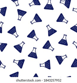 Seamless pattern of medical test tubes in doodle style. Blue ink, outline sketch style. Doodle flask for winter experiences. Vector illustration isolated on white background.