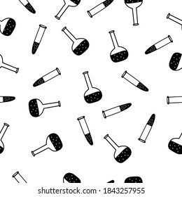 Seamless pattern of medical test tubes in doodle style. Blue ink, outline sketch style. Doodle flask for winter experiences. Vector illustration isolated on white background.