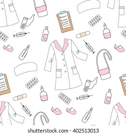 Seamless pattern with medical things. Hand drawn medicine sketches. Vector Illustration