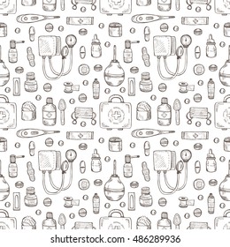 Seamless pattern with medical tools and drugs. Vector hand drawn medical collection