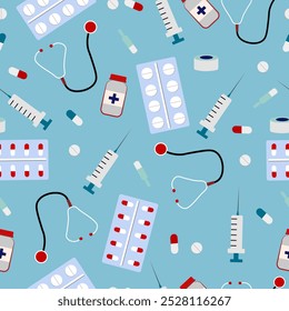 Seamless pattern. Medical topics. Stethoscope, tablets, medications, syringe