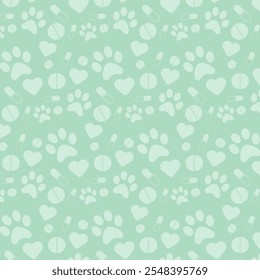 Seamless pattern with medical veterinary objects and with hearts