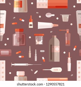 Seamless pattern with medicaments, mixtures in bottles, pills in jars, tubes, syringe and other medical tools on blue background. Flat cartoon colored vector illustration for textile print, wallpaper.
