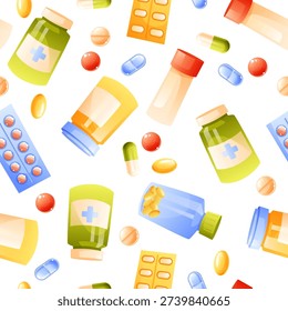 A seamless pattern of medications and pills of various shapes and colors on a white background, including medicine bottles and scattered pills. Vector illustration of a medical themed pattern.