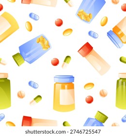 A seamless pattern of medications and pills of various shapes and colors on a white background, including medicine bottles and scattered pills. Vector illustration of a medical themed pattern.